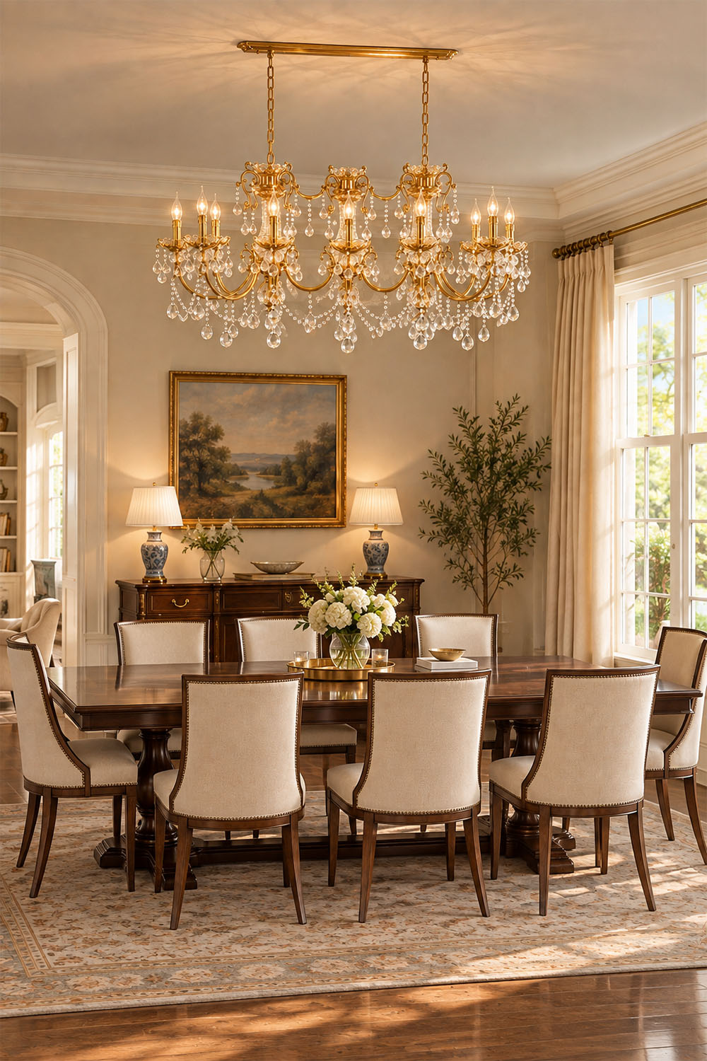 Orbessan Brass Crystal Oval Candle Chandelier | Cut Crystal and Brass | Centered above a formal dining table with white upholstered chairs | Samu Lamp