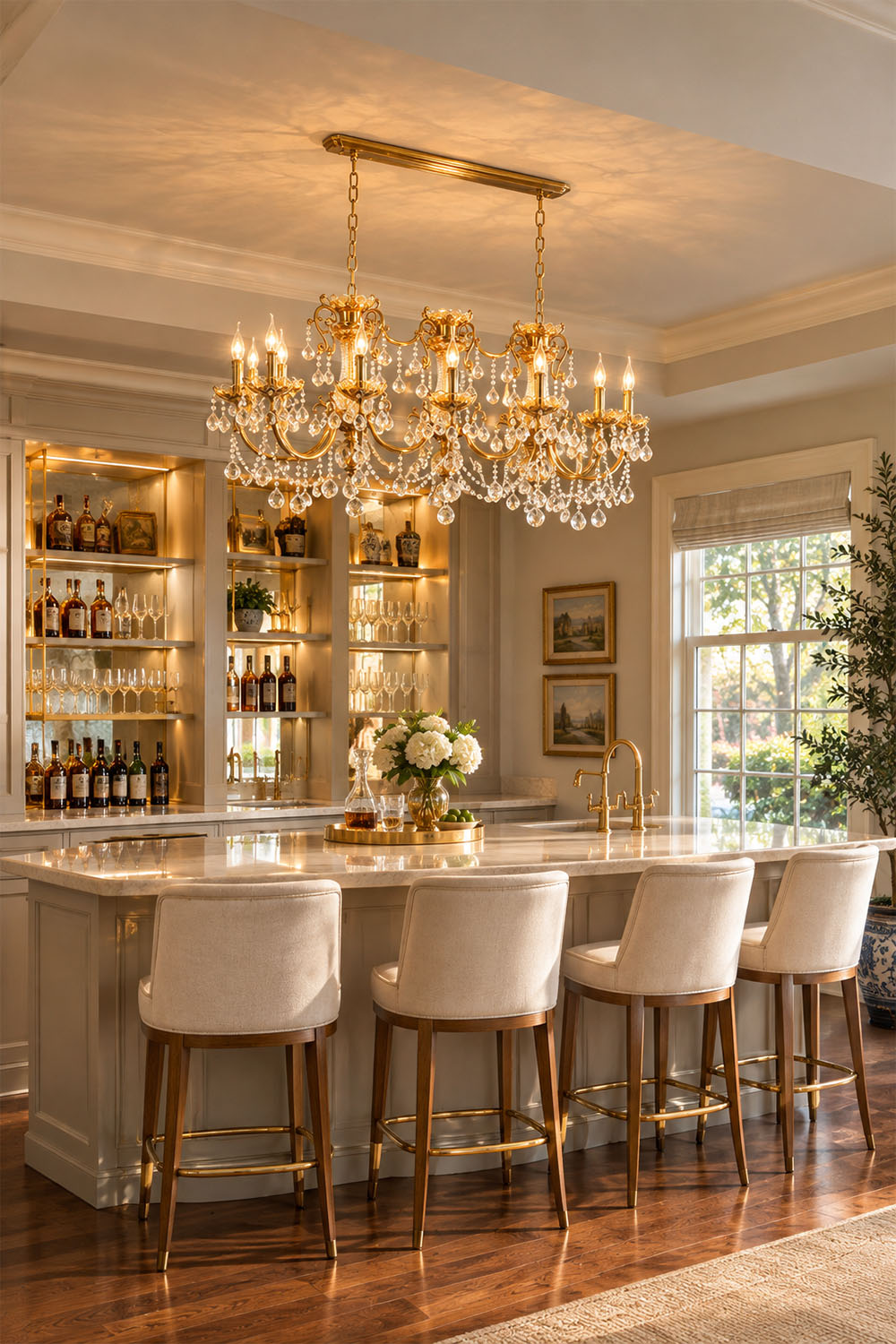 Orbessan Brass Crystal Oval Candle Chandelier | Cut Crystal and Brass | Hanging over a luxury kitchen island counter with white barstools | Samu Lamp