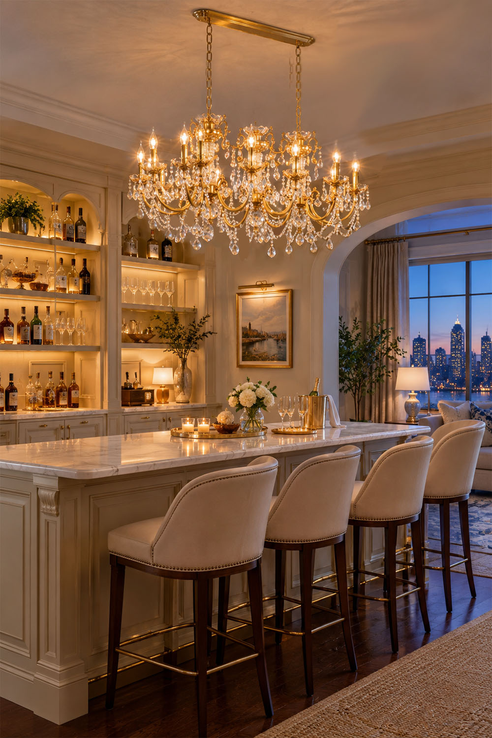 Orbessan Brass Crystal Oval Candle Chandelier | Cut Crystal and Brass | Lighting a modern kitchen island breakfast bar in a cozy lounge setting | Samu Lamp