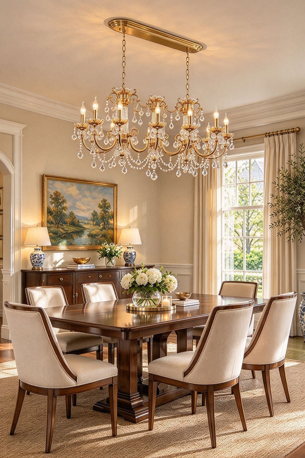 Orbessan Brass Crystal Oval Candle Chandelier | Cut Crystal and Brass | Styled in an elegant dining room over a table with fresh flower decor | Samu Lamp