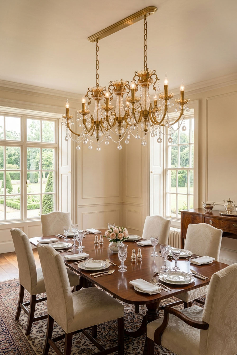 Orbessan Brass Crystal Oval Candle Chandelier | Cut Crystal and Brass | Illuminating a dining area above a dark wooden table near large windows | Samu Lamp