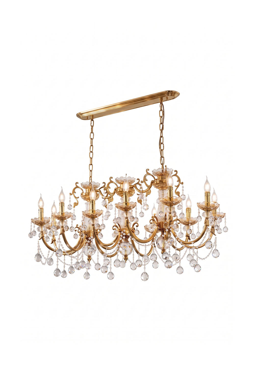 Orbessan Brass Crystal Oval Candle Chandelier | Cut Crystal and Brass | Front full view of oval linear design on a pure white background, illuminated | Samu Lamp