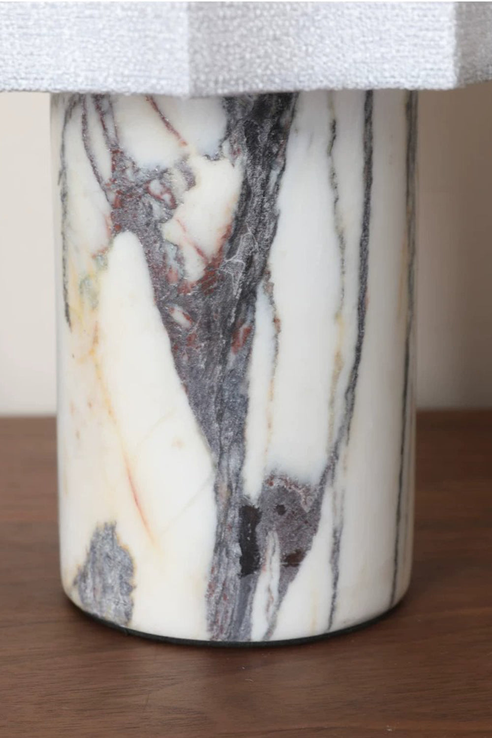 Orbis Veil Pleated Marble Table Lamp cylindrical marble base with rich organic veining and elegant pleated shade