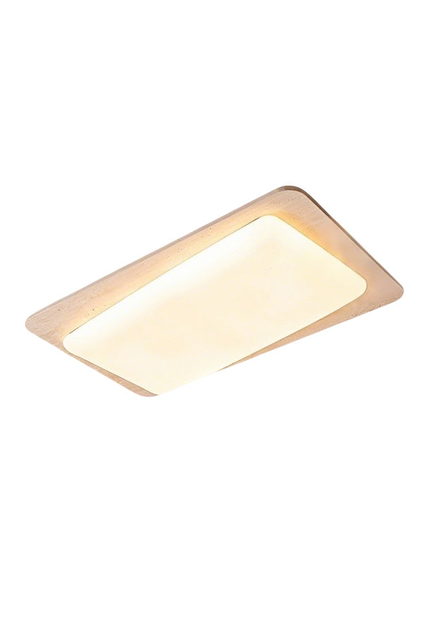Lit organic travertine rectangular ceiling light with acrylic diffuser | Yellow Travertine, Acrylic | Front view isolated on white background | Samu Lamp
