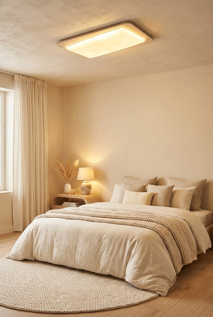 Modern travertine ceiling light in a cozy bedroom | Yellow Travertine, Acrylic | Installed over a neutral-toned bed | Samu Lamp