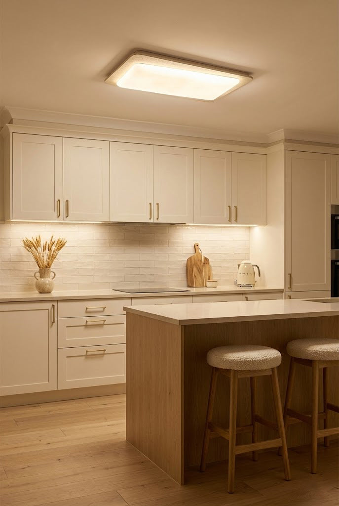 Rectangular travertine light in a white kitchen | Yellow Travertine, Acrylic | Over a kitchen island with white cabinets | Samu Lamp