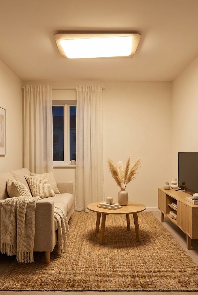 Warm travertine ceiling lamp in a small living room | Yellow Travertine, Acrylic | Above a compact sofa and jute rug | Samu Lamp