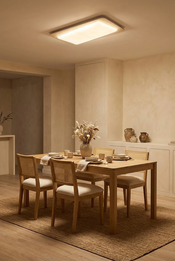 Travertine rectangular light in a dining area | Yellow Travertine, Acrylic | Centered over a wooden dining table with chairs | Samu Lamp