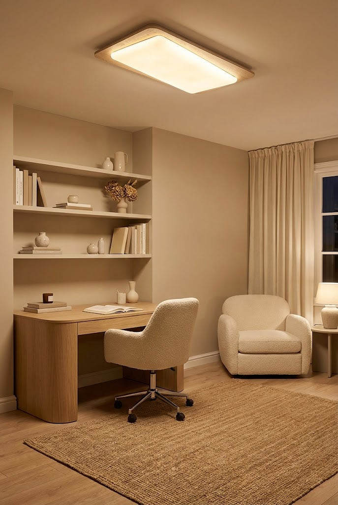 Travertine office ceiling light | Yellow Travertine, Acrylic | Installed in a study with a desk and shelving | Samu Lamp