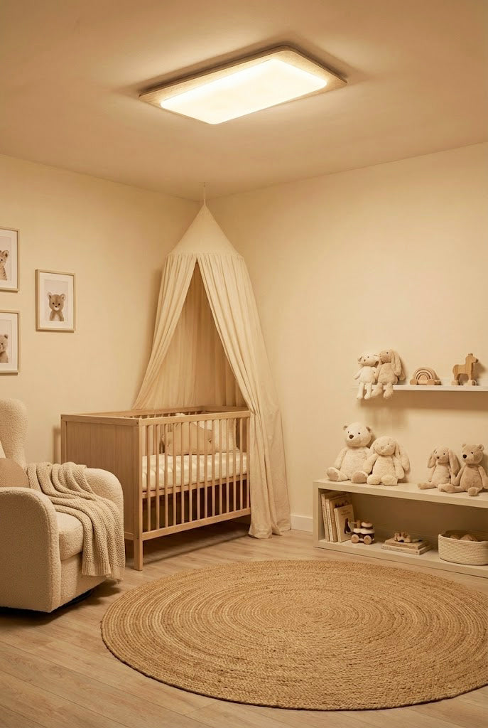 Organic travertine light in a nursery | Yellow Travertine, Acrylic | Installed in a baby room with a crib | Samu Lamp