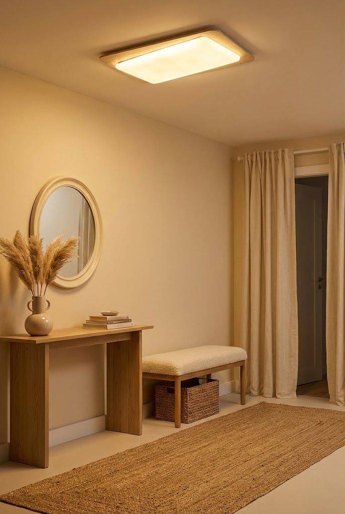 Travertine ceiling fixture in a hallway | Yellow Travertine, Acrylic | Above a wooden console table and mirror | Samu Lamp