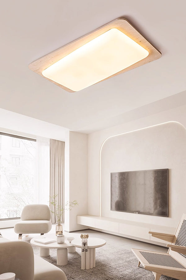 Modern travertine light in a large lounge | Yellow Travertine, Acrylic | Bright living room interior with TV wall | Samu Lamp