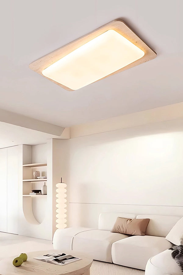 Rectangular stone ceiling light view 1 | Yellow Travertine, Acrylic | Installed on a white ceiling with warm glow | Samu Lamp