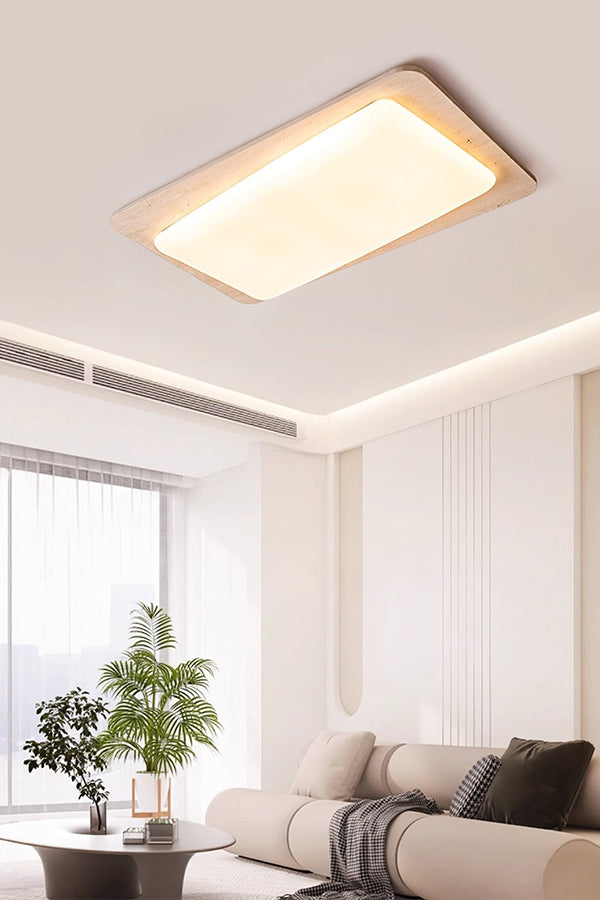 Travertine ceiling light view 2 | Yellow Travertine, Acrylic | Perspective view in a modern minimalist living room | Samu Lamp