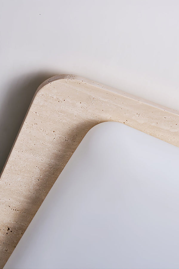 Detail view of yellow travertine grain | Yellow Travertine | Close-up showing the organic stone surface and acrylic edge | Samu Lamp