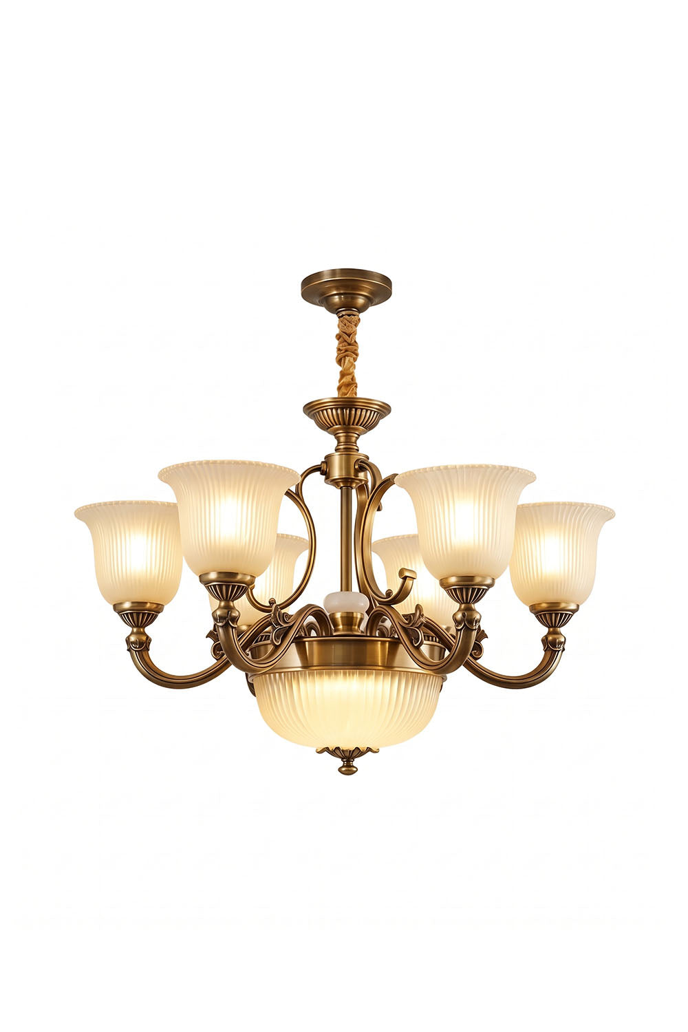 Ormond Fluted Bell Brass Chandelier with six elegant glass shades and a stylish design for home decor.