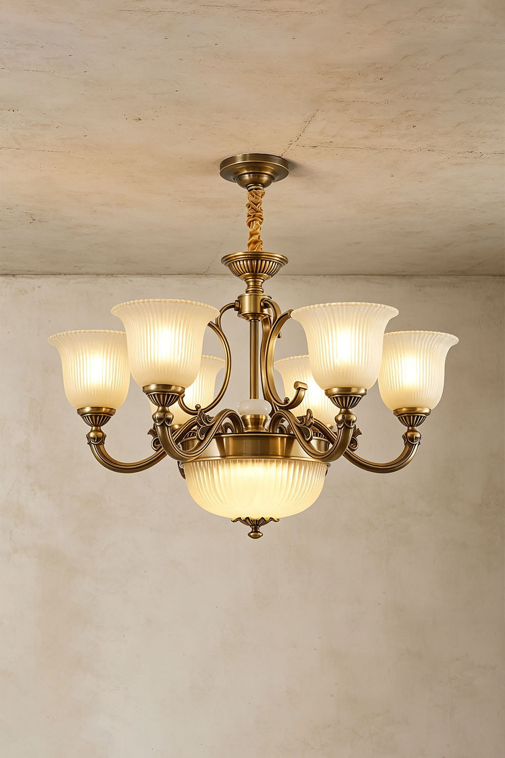 Ormond Fluted Bell Brass Chandelier with six frosted glass shades and elegant brass finish.