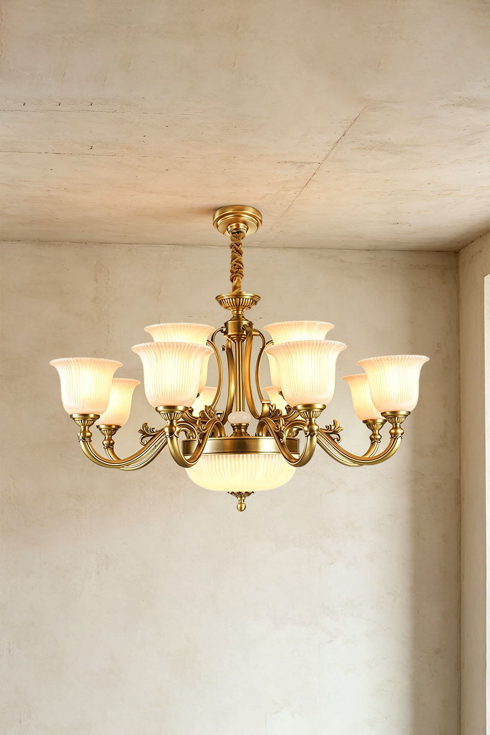 Ormond Fluted Bell Brass Chandelier featuring elegant fluted glass shades and a vintage brass finish.