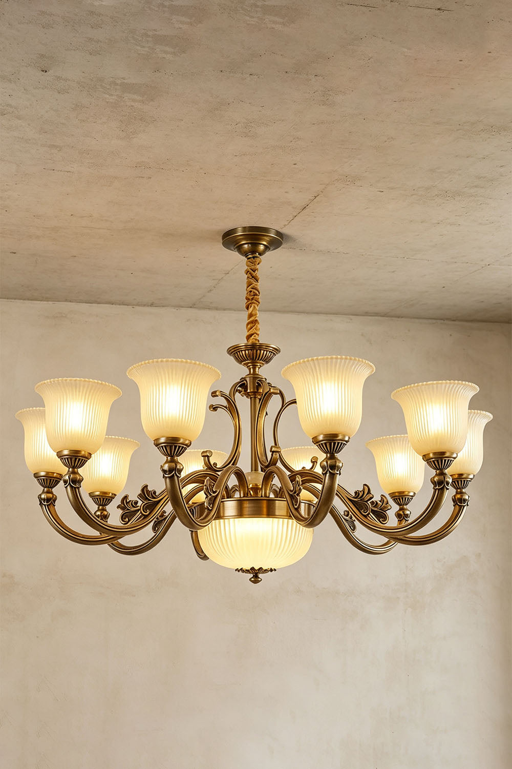 Ormond Fluted Bell Brass Chandelier with cream glass shades and elegant brass finish.