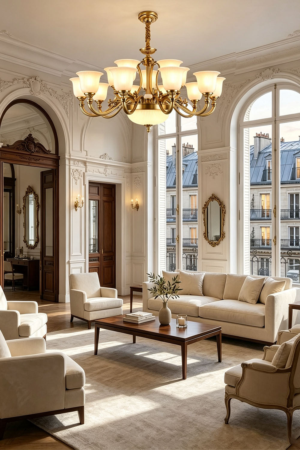 Ormond Fluted Bell Brass Chandelier in an elegant living room with large windows and classic décor.