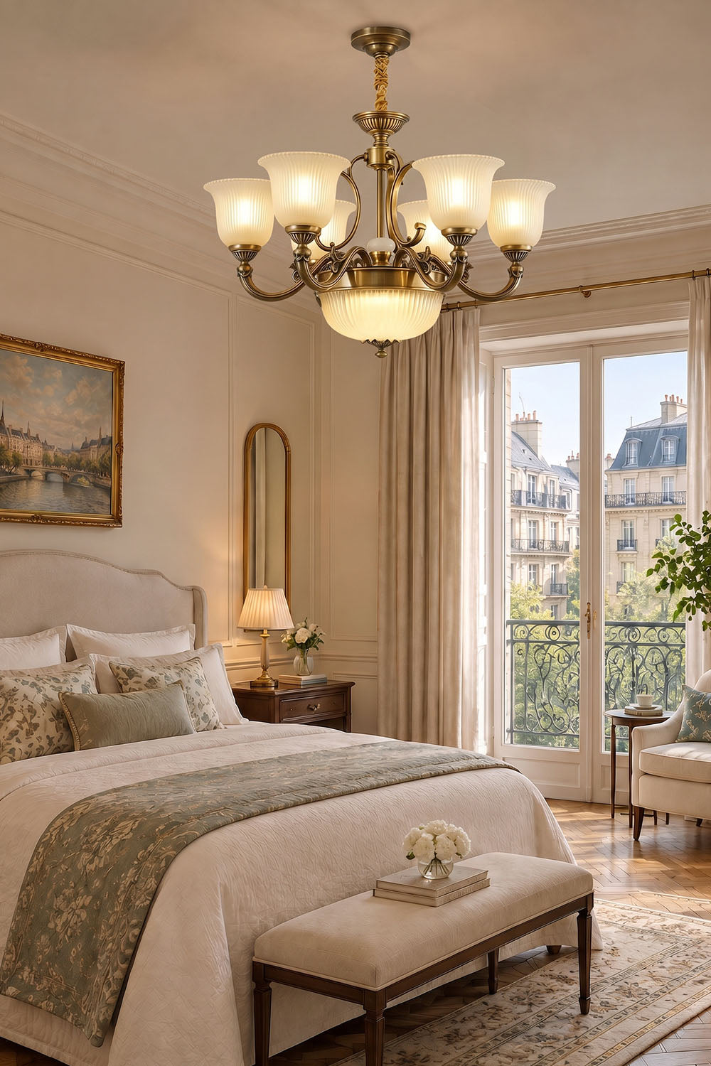 Ormond Fluted Bell Brass Chandelier illuminating a luxurious bedroom with elegant decor and natural light.