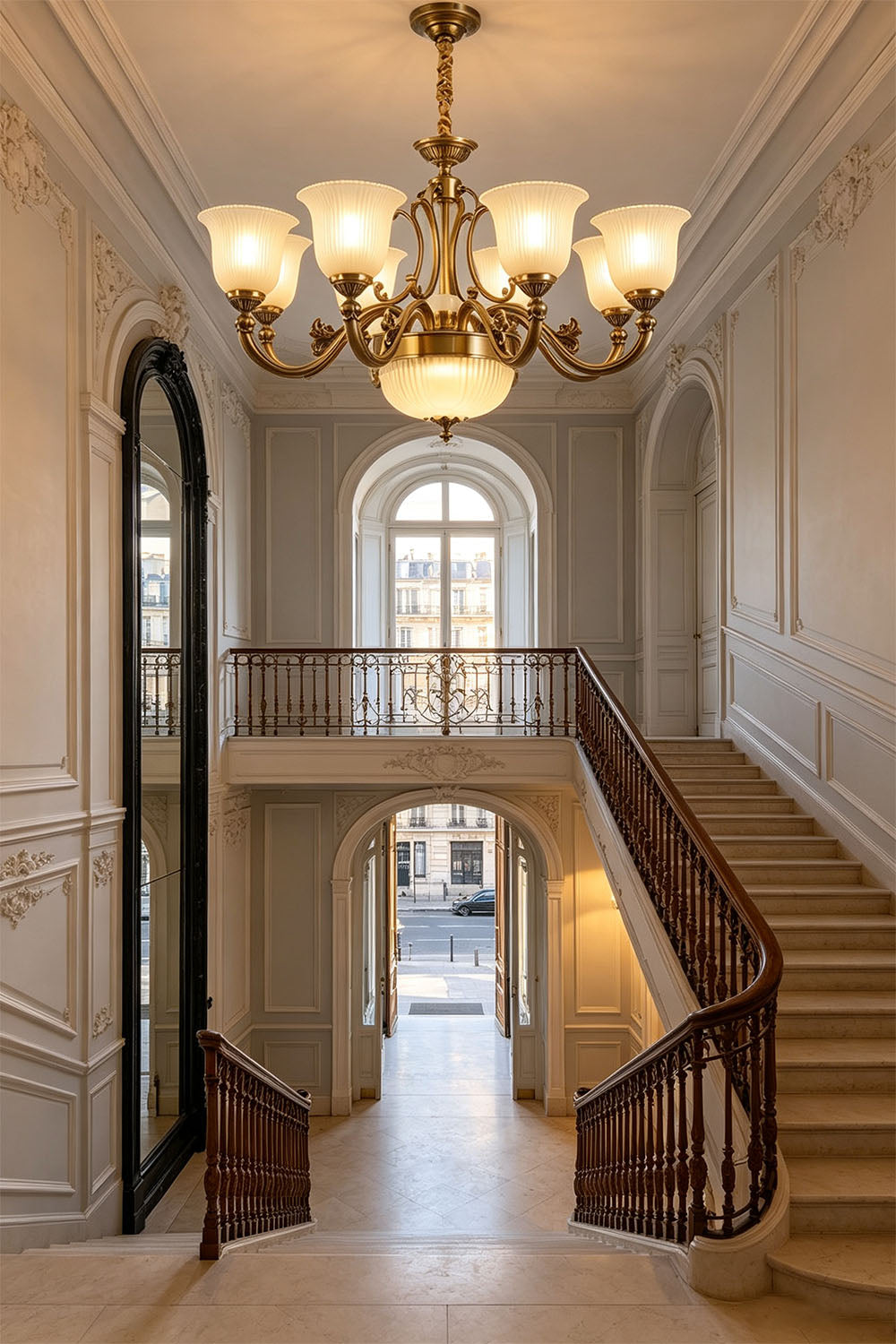 Ormond Fluted Bell Brass Chandelier illuminating a grand staircase with elegant architecture.