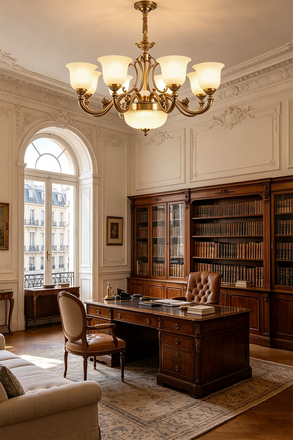 Interior of an elegant office showcasing the Ormond Fluted Bell Brass Chandelier above a wooden desk.