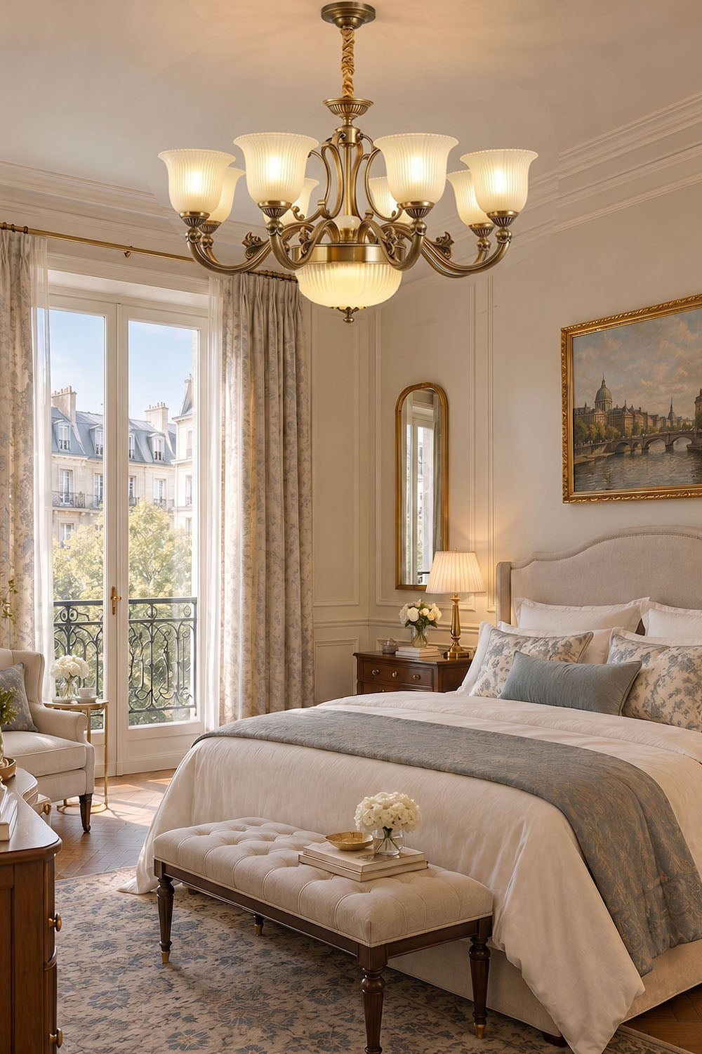 Ormond Fluted Bell Brass Chandelier illuminating a stylish bedroom with elegant decor and ample natural light.