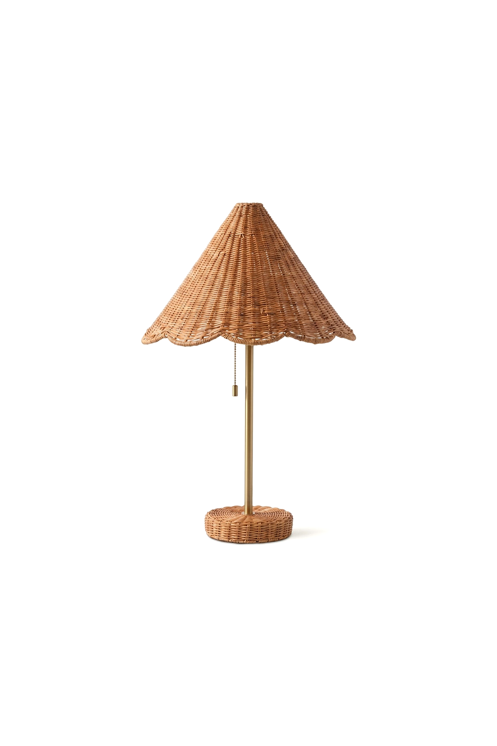 Osrilla Scalloped Rattan Table Lamp | Rattan, Brass | Isolated product shot of a bohemian style table lamp featuring a scalloped conical woven rattan shade and matching wrapped rattan base connected by a slim brass stem | White background | Samu Lamp