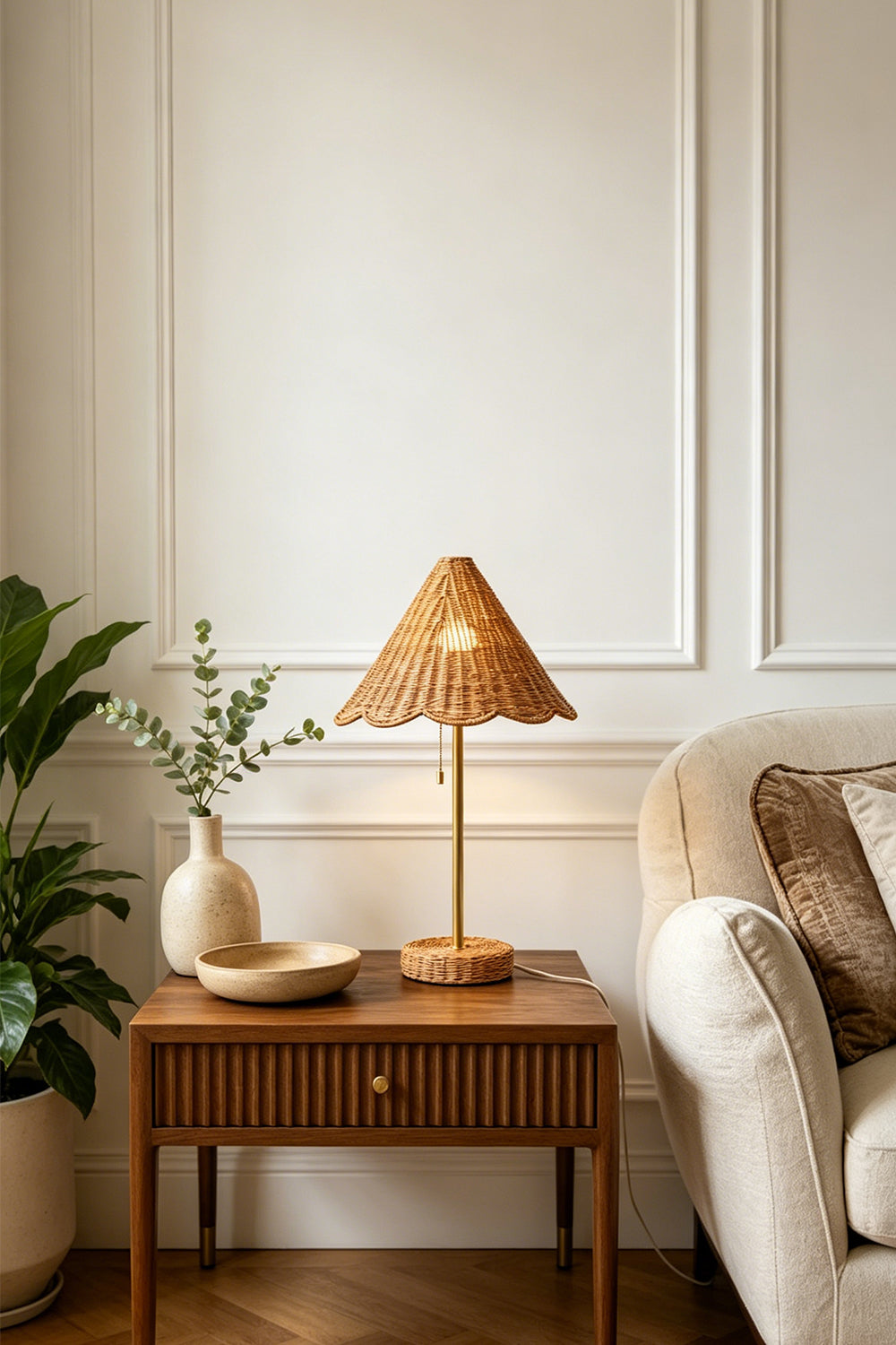 Osrilla Scalloped Rattan Table Lamp | Rattan, Brass | Positioned elegantly on a dark wood side nightstand against a white classic paneled wall, casting a cozy golden glow | Samu Lamp