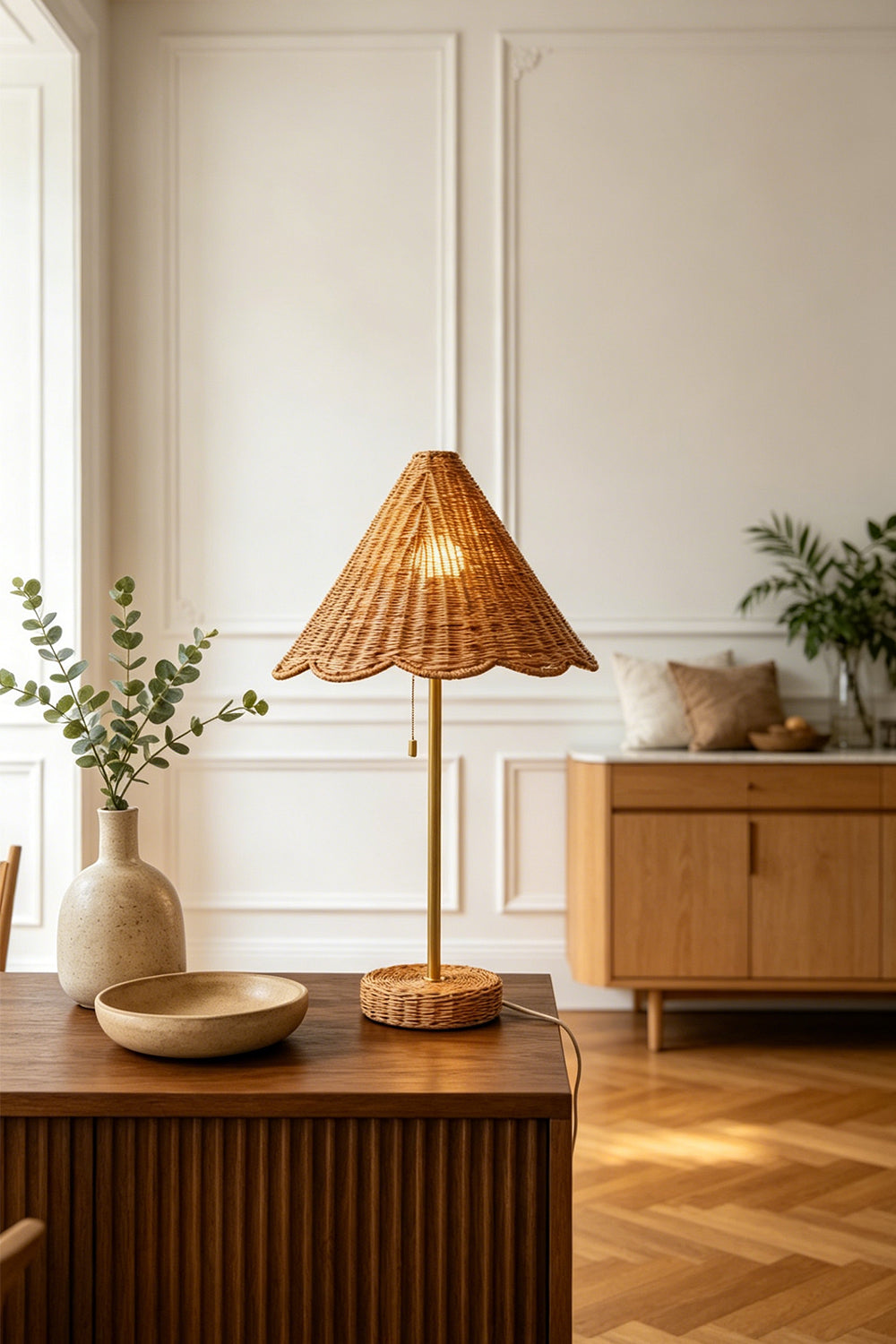 Osrilla Scalloped Rattan Table Lamp | Rattan, Brass | Staged beautifully on a fluted wood table next to a ceramic vase, with a mid-century sideboard cabinet in the background | Samu Lamp