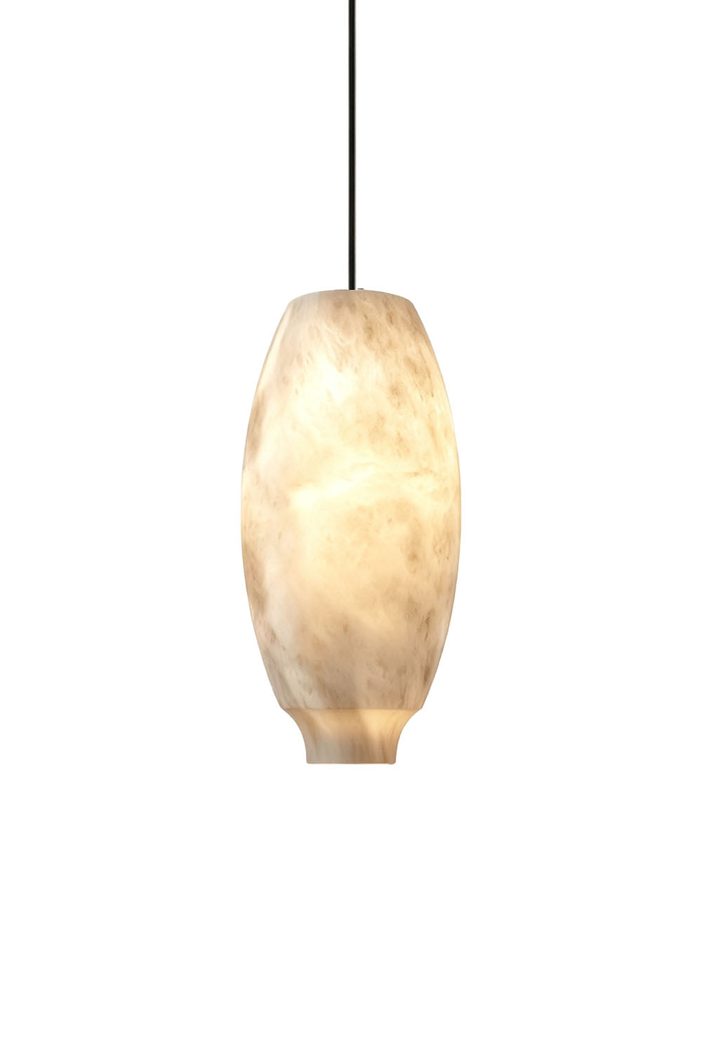 Ottilie Barrel Alabaster Pendant Light | Natural Alabaster and Metal | Studio shot of the tall slender barrel shape variant on a plain white background | Samu Lamp