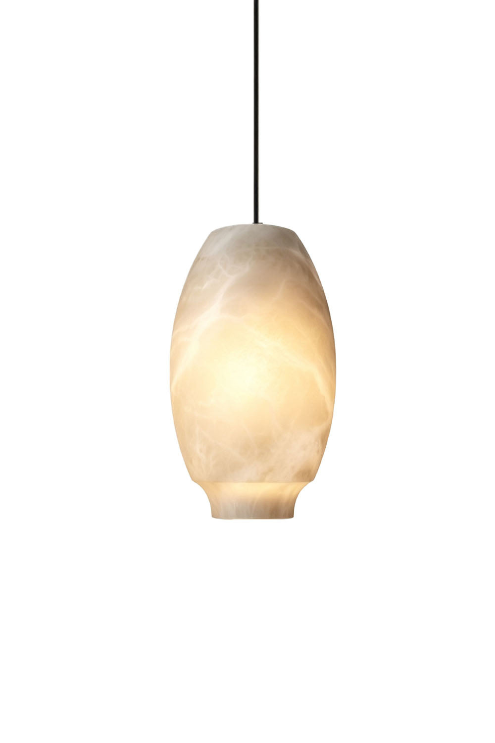 Ottilie Barrel Alabaster Pendant Light | Natural Alabaster and Metal | Studio view of the oval barrel shape variant glowing softly on a white background | Samu Lamp