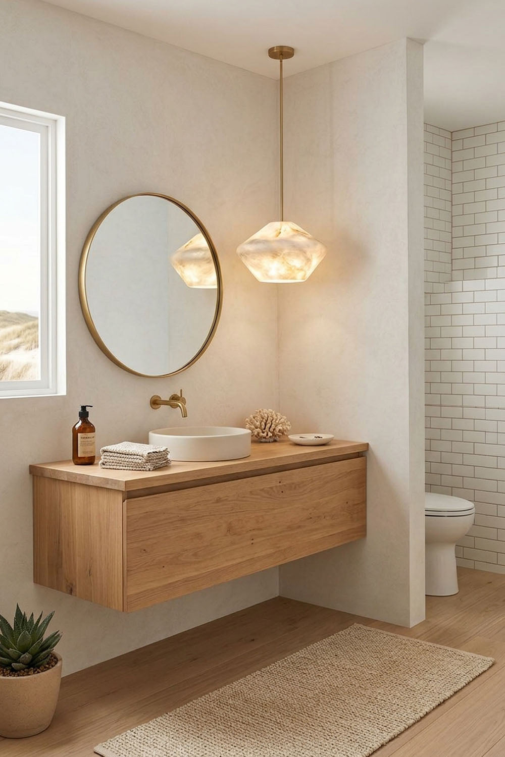 Ottilie Barrel Alabaster Pendant Light | Natural Alabaster and Metal | Installed in a modern bathroom vanity area beside a round mirror | Samu Lamp