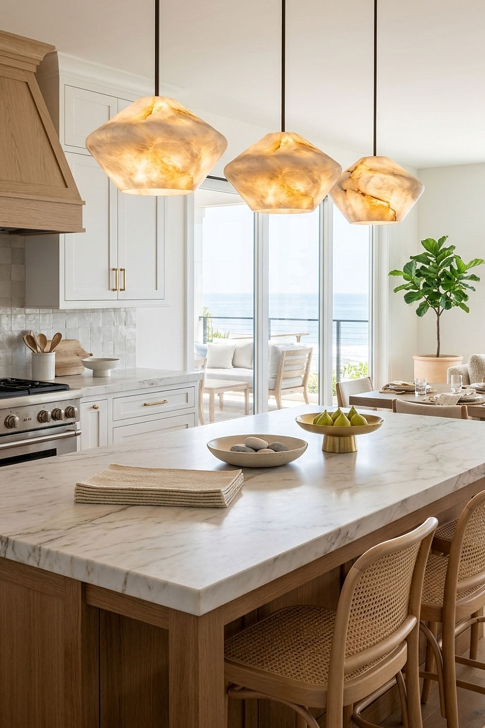 Ottilie Barrel Alabaster Pendant Light | Natural Alabaster and Metal | Trio of wide faceted pendants suspended over a marble kitchen island counter | Samu Lamp