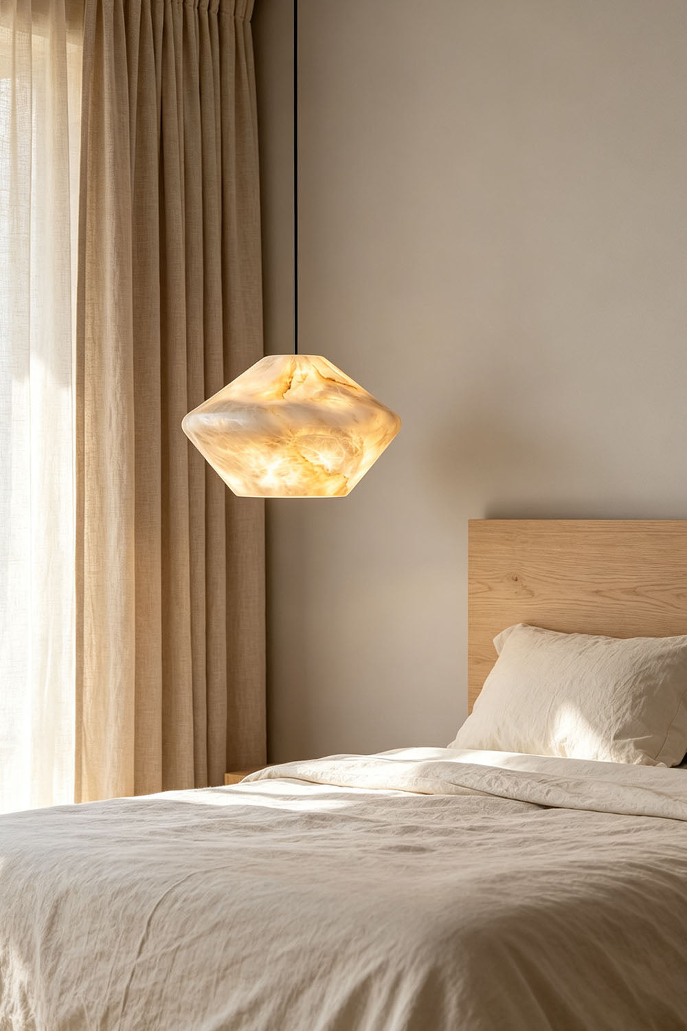 Ottilie Barrel Alabaster Pendant Light | Natural Alabaster and Metal | Styled in a cozy bedroom setting beside a bed with linen curtains | Samu Lamp