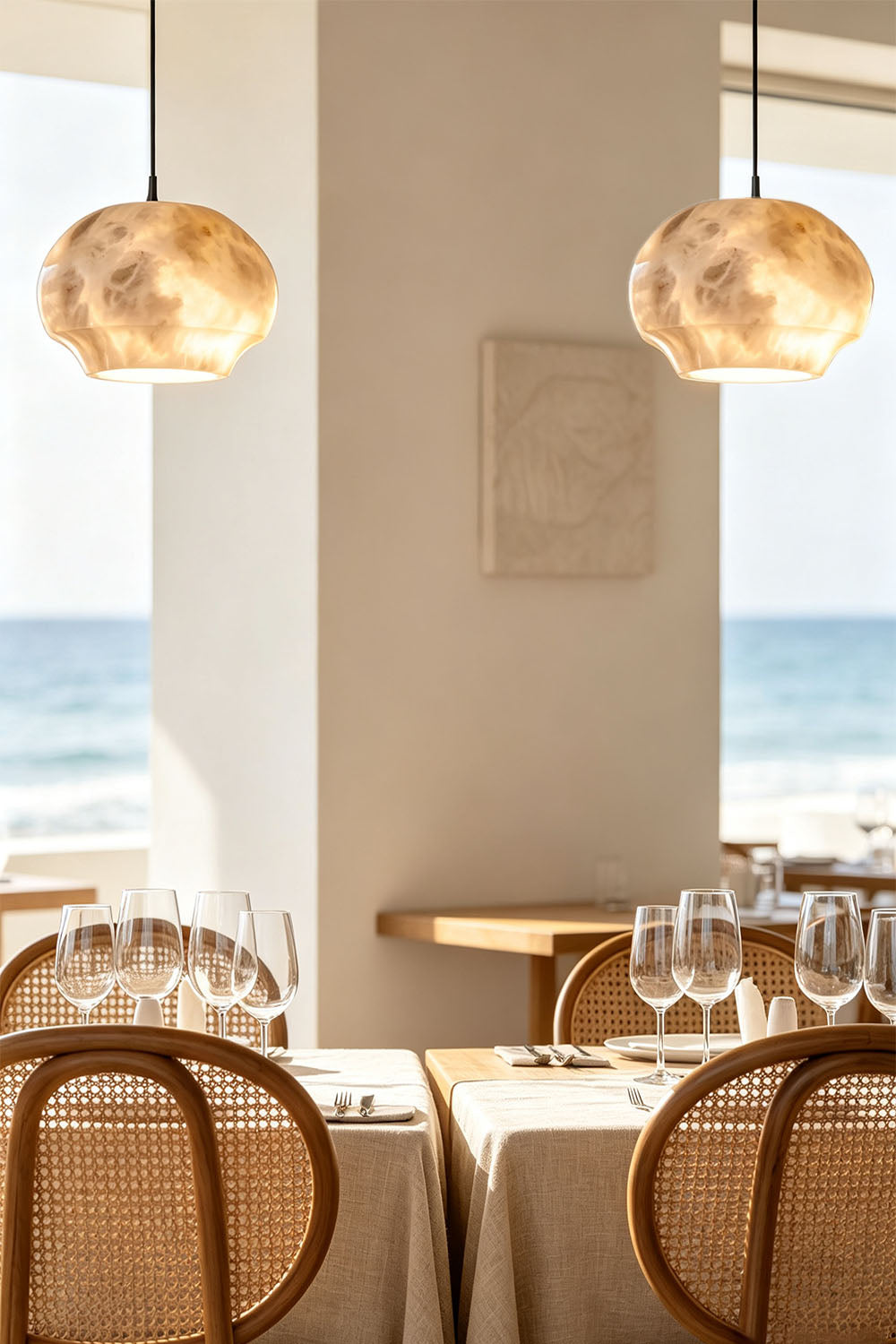 Ottilie Barrel Alabaster Pendant Light | Natural Alabaster and Metal | Pair of lights suspended in an oceanfront dining room with rattan chairs | Samu Lamp