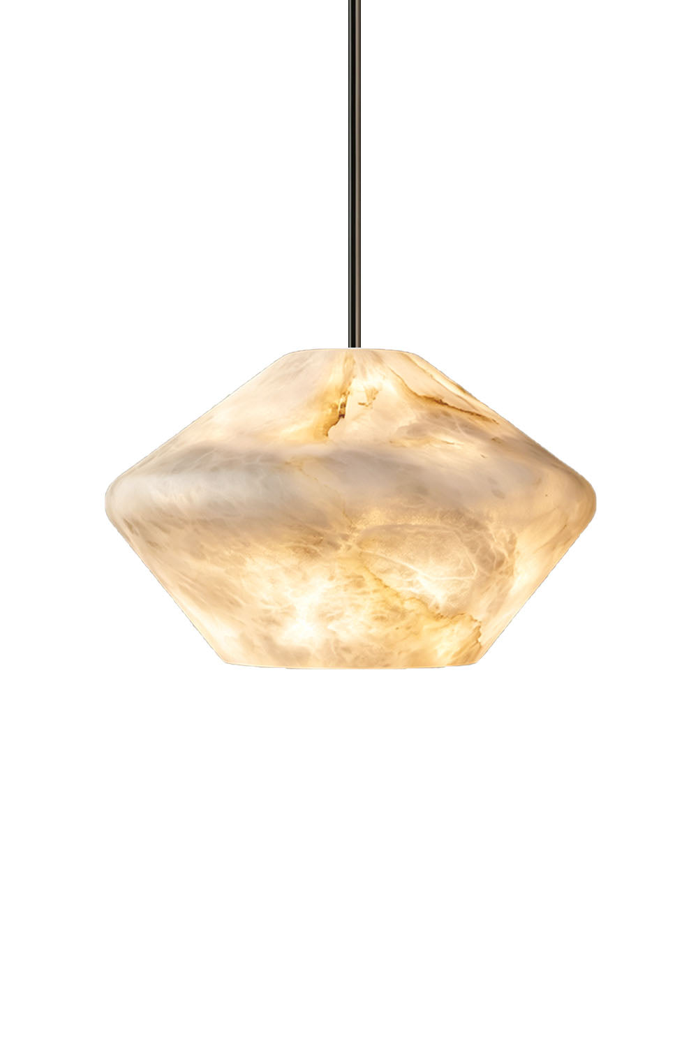 Ottilie Barrel Alabaster Pendant Light | Natural Alabaster and Metal | Front full view of the wide faceted alabaster shade on a white background, illuminated | Samu Lamp