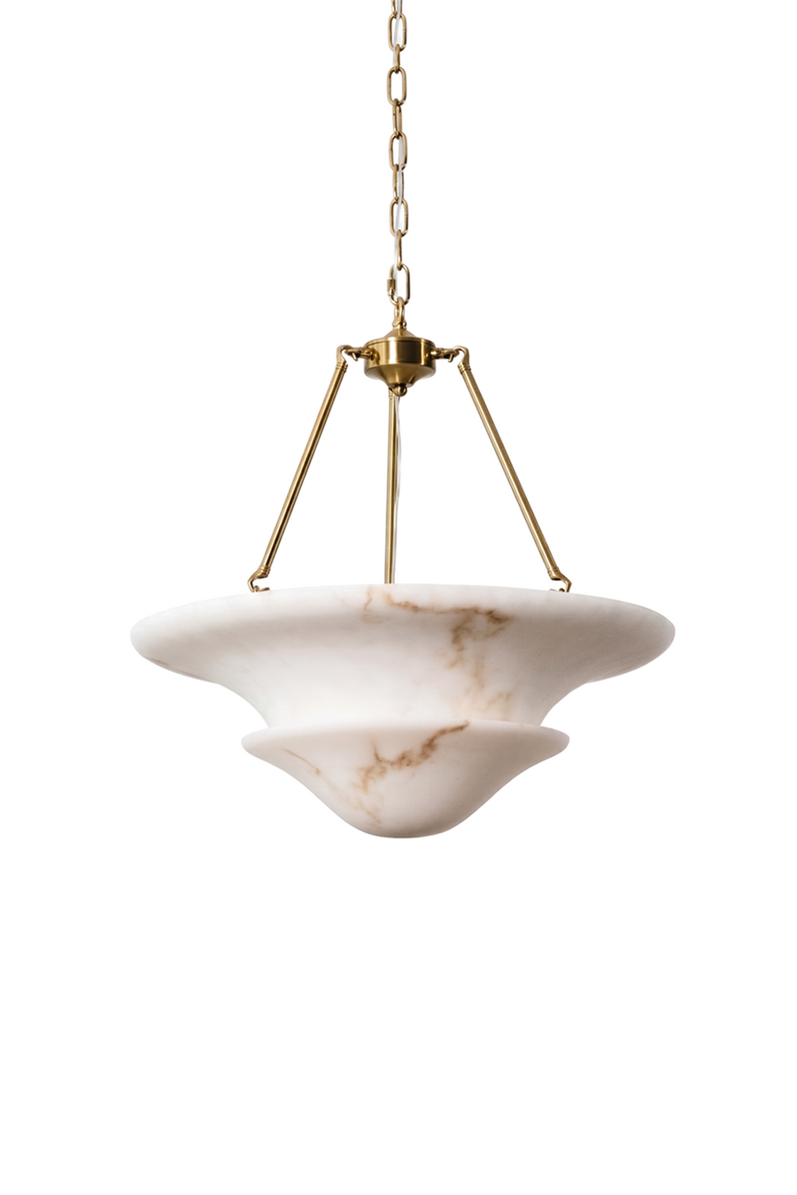 Ottoline Stacked Alabaster Bowl Pendant Light hanging from a gold chain, featuring elegant white alabaster design.