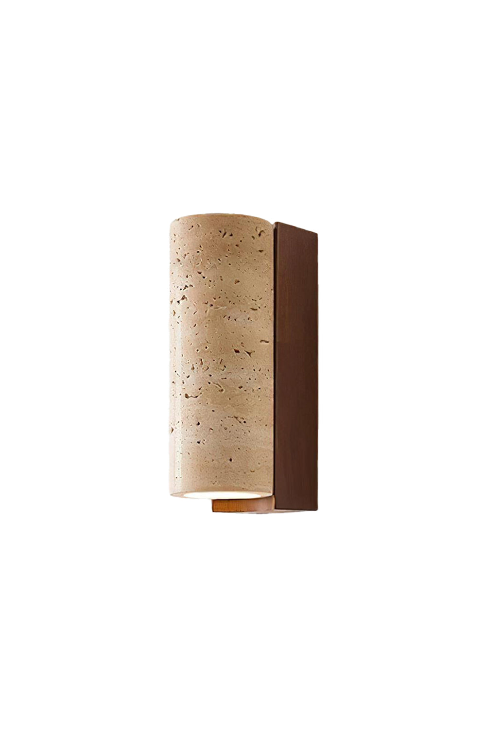 Outcrop Beige Travertine Wall Sconce | Travertine, Metal | Isolated unlit view of a modern semi-cylindrical wall sconce featuring a curved natural beige travertine stone front panel on a dark brown metal backing | White background | Samu Lamp