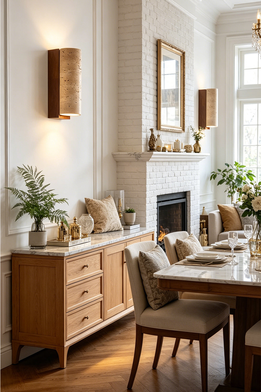 Outcrop Beige Travertine Wall Sconce | Travertine, Metal | Illuminating a sophisticated dining room, mounted on the wall near a wooden sideboard cabinet and a formal dining table | Samu Lamp
