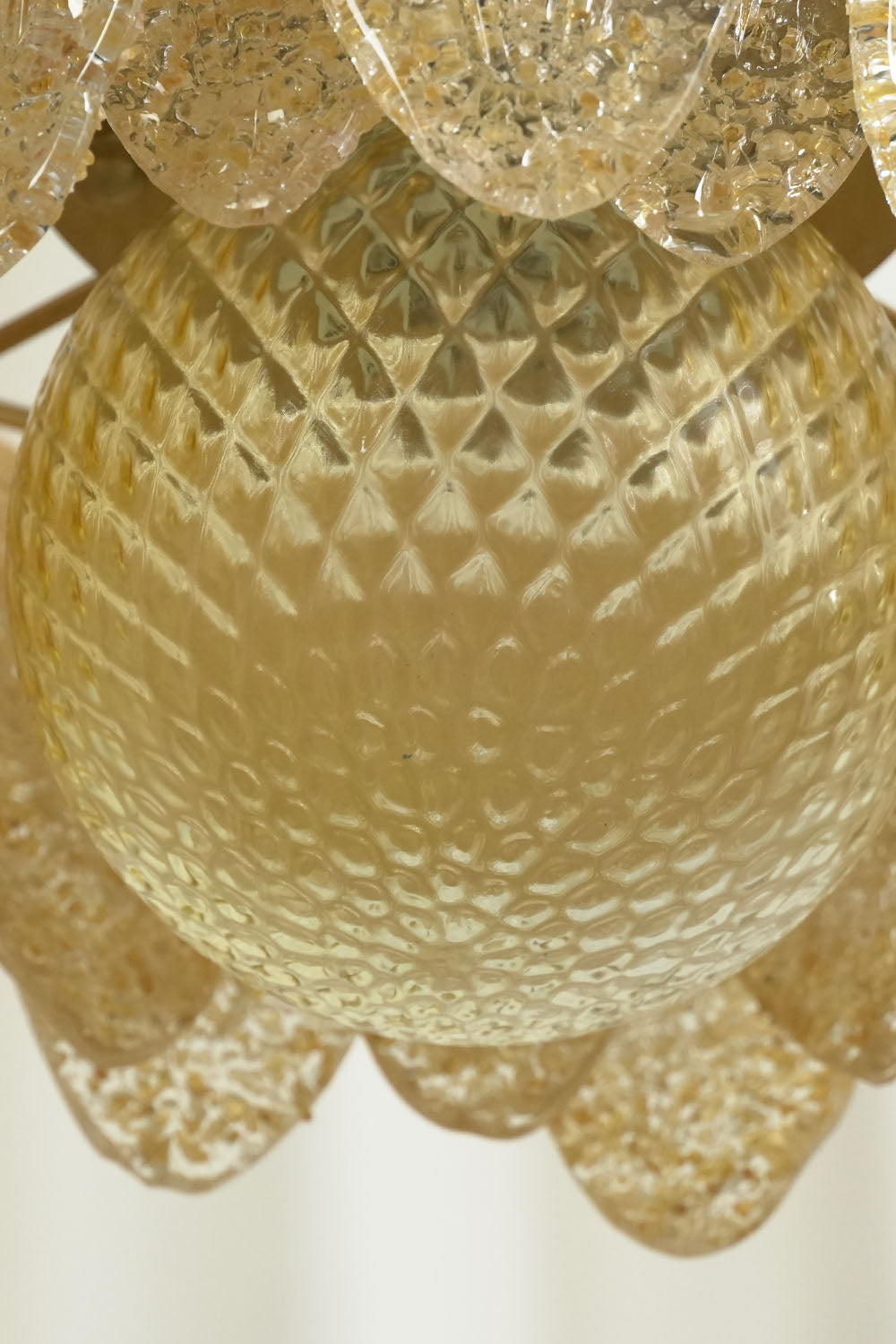 Palmonde Palm Leaf Chandelier | Faceted Glass and Brass | Close-up of bottom textured glass finial sphere | Samu Lamp