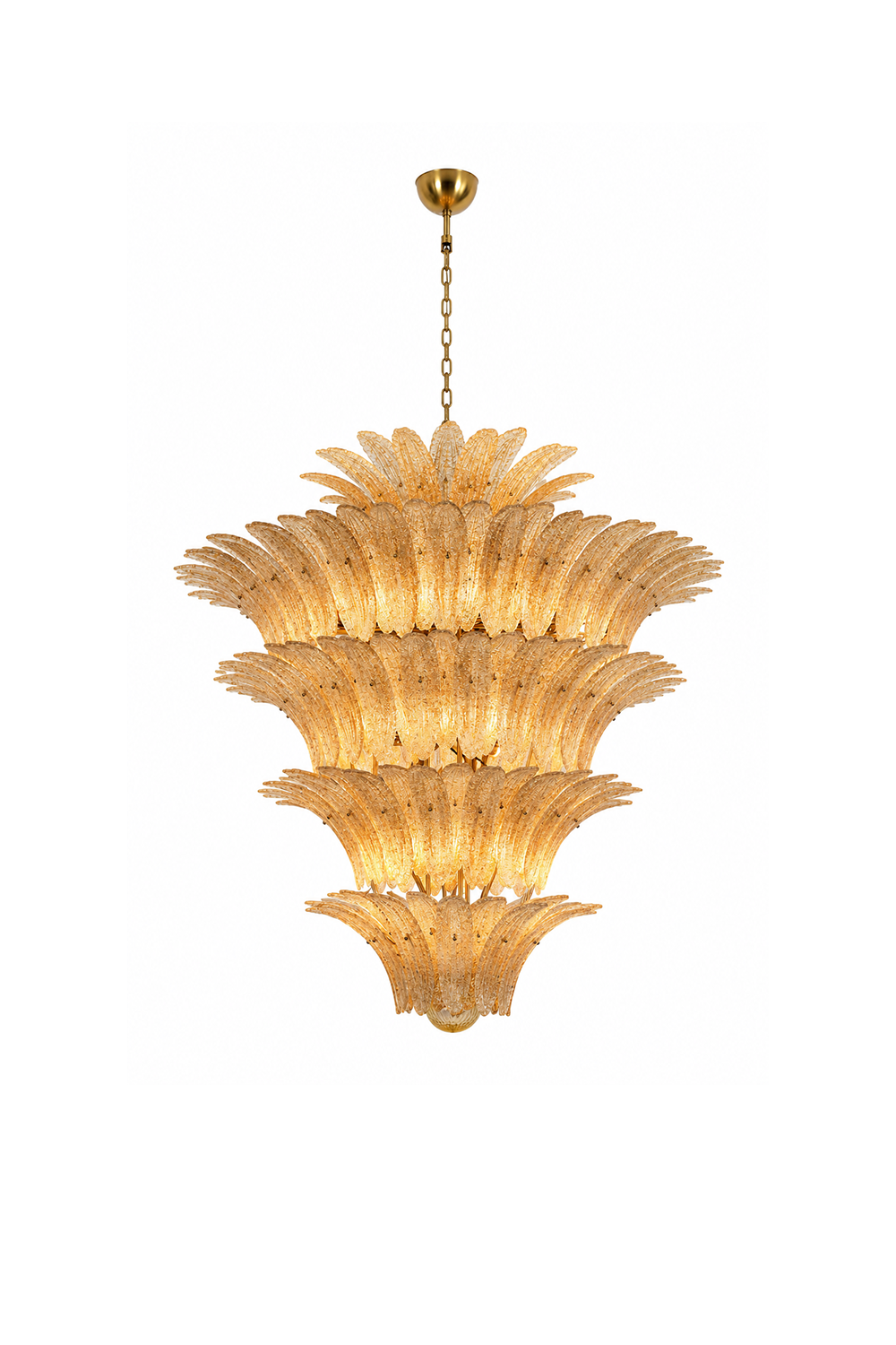 Palmonde Palm Leaf Chandelier | Amber Glass and Brass | Front full view illuminated on white background | Samu Lamp
