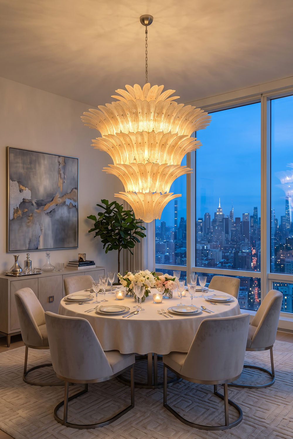 Palmonde Palm Leaf Chandelier | Amber Glass and Brass | Suspended above round dining table with city skyline view | Samu Lamp