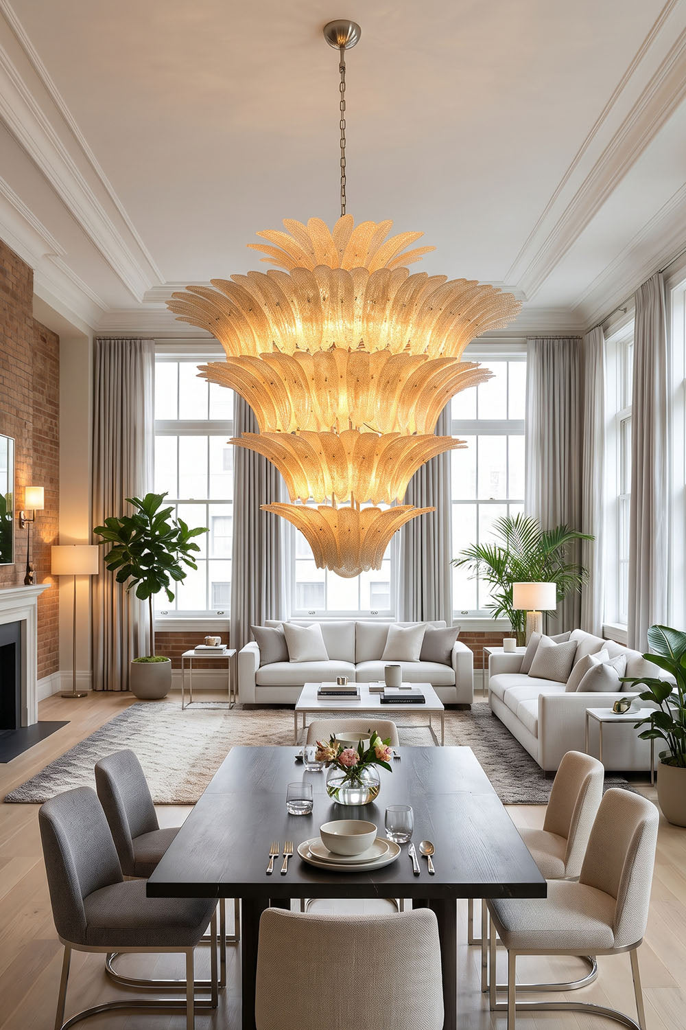 Palmonde Palm Leaf Chandelier | Amber Glass and Brass | Lit over dining table in open high-ceiling penthouse | Samu Lamp