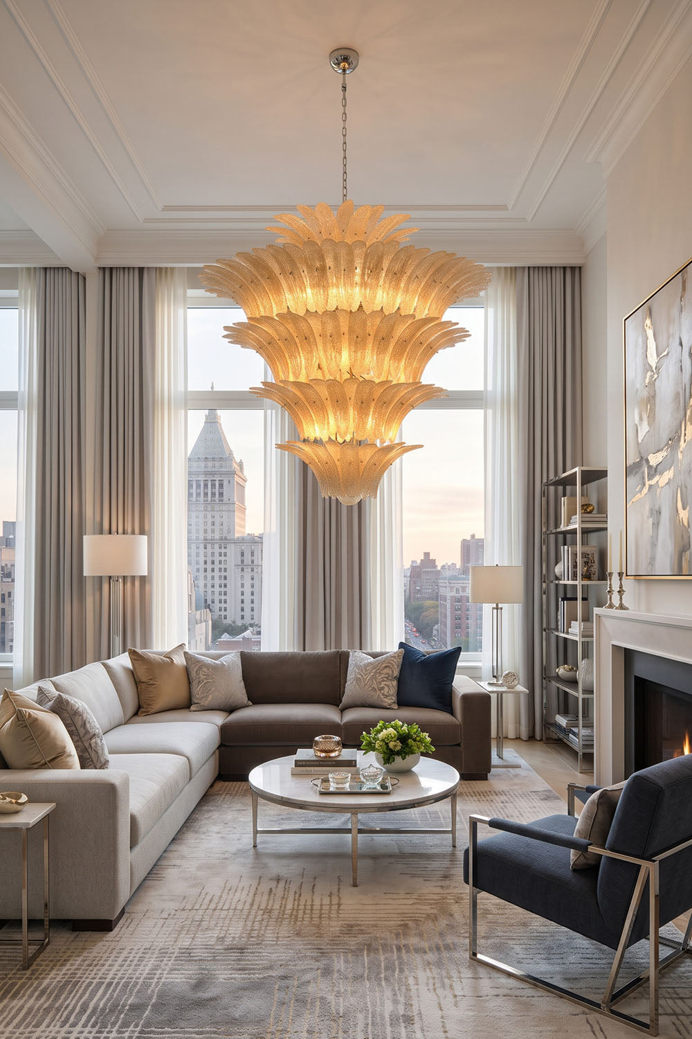 Palmonde Palm Leaf Chandelier | Amber Glass and Brass | Installed in high-ceiling living room with skyline view | Samu Lamp