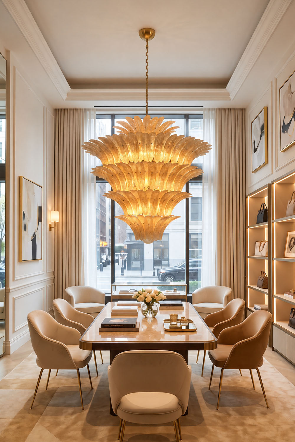 Palmonde Palm Leaf Chandelier | Amber Glass and Brass | Suspended above long dining table in an elegant room | Samu Lamp