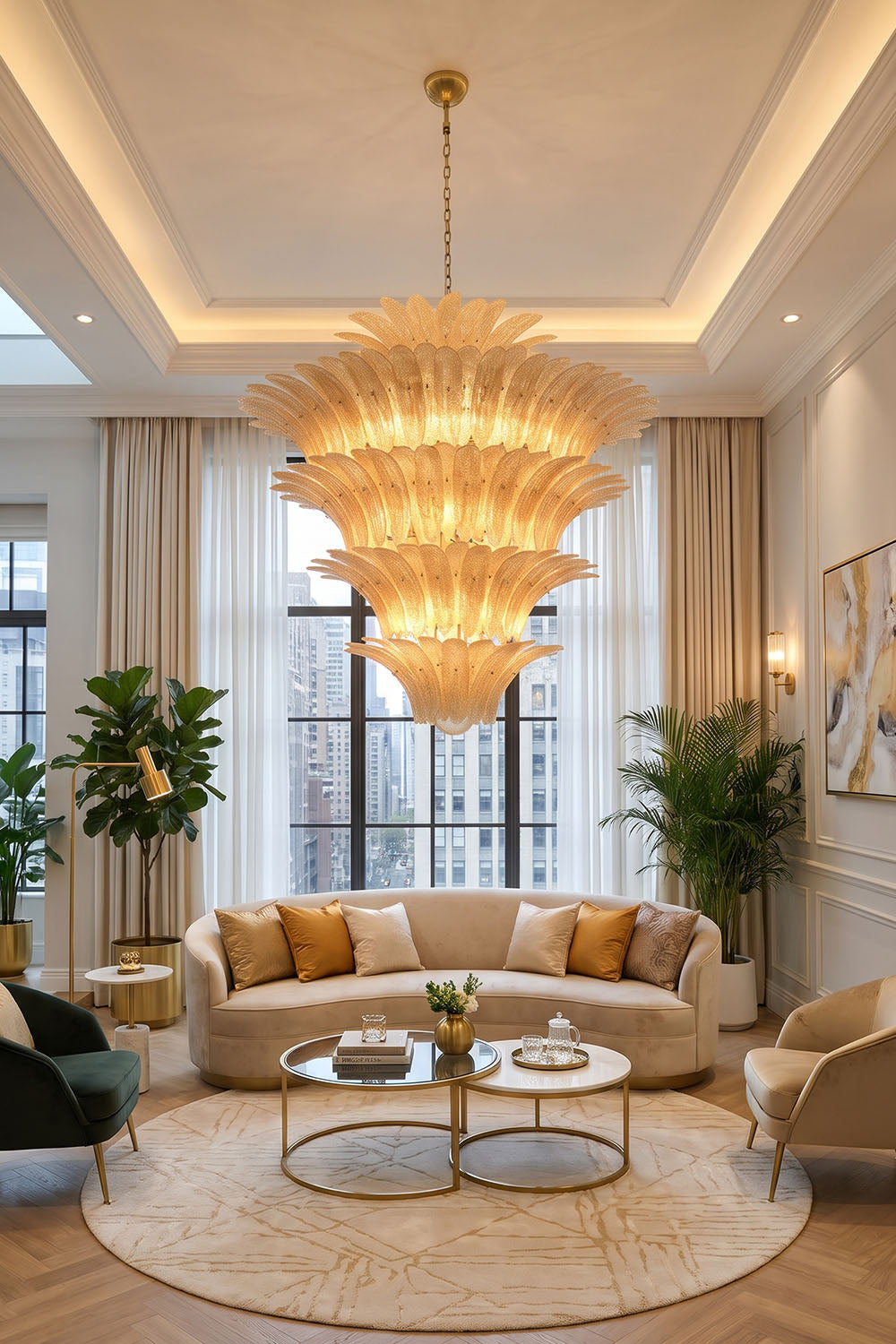 Palmonde Palm Leaf Chandelier | Amber Glass and Brass | Illuminating a luxury living room with tray ceiling | Samu Lamp