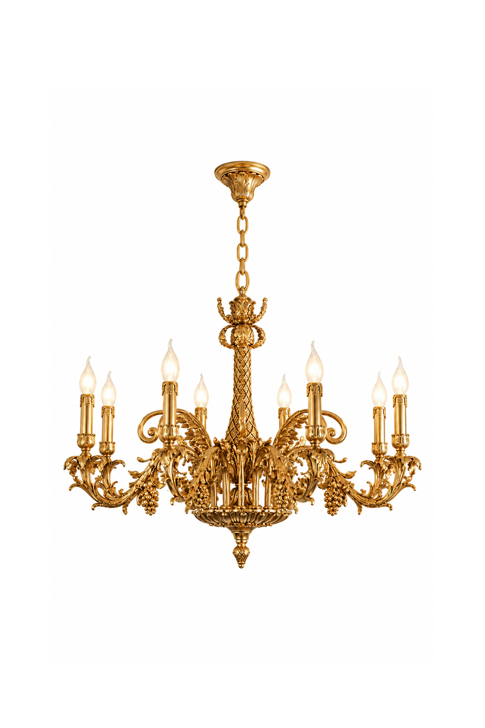 Pamprelle Brass Acanthus Grape Chandelier | Cast Brass | Front view on pure white background, lit | Samu Lamp