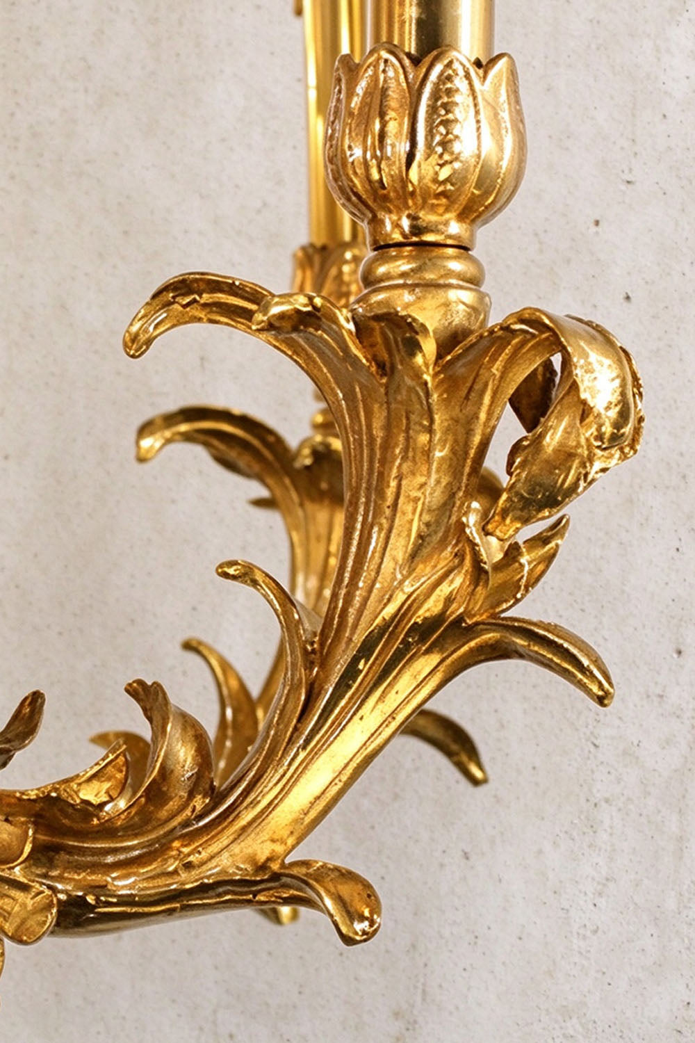 Pamprelle Brass Acanthus Grape Chandelier | Cast Brass | Close-up of sweeping acanthus leaf arm | Samu Lamp